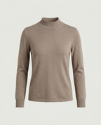 Front view of fine-knit mock neck in taupe