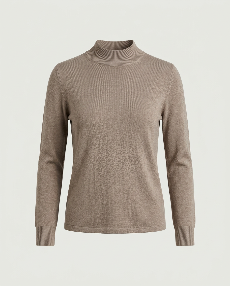 Front view of fine-knit mock neck in taupe