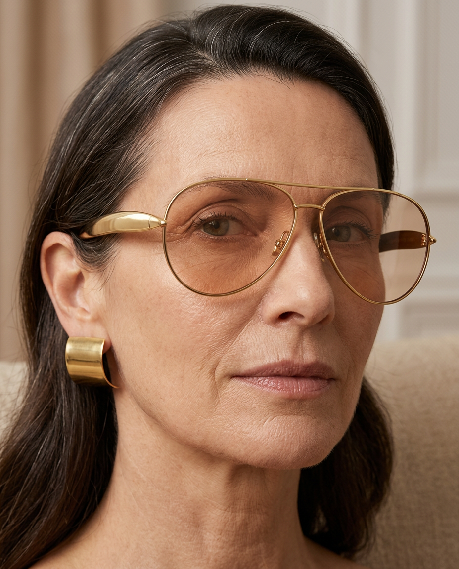 Side profile showing sculpted wide temples of aviator sunglasses in champagne gold.