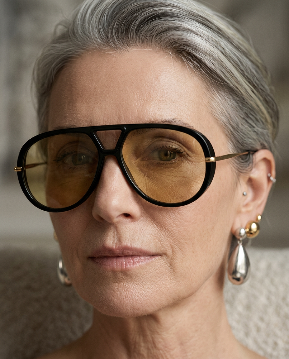 Side view of woman wearing oversized pilot sunglasses in black