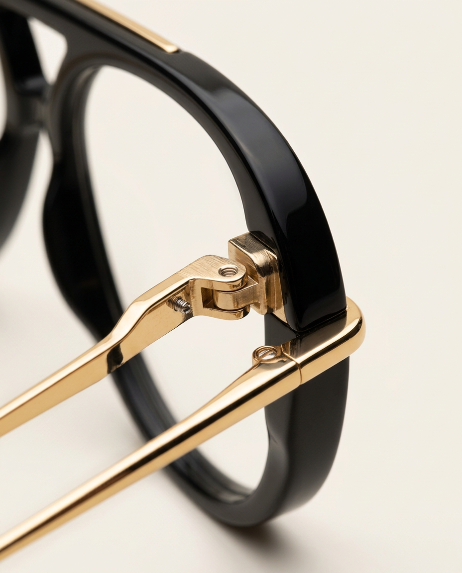 Close-up of polished gold-tone metal temple and rim in black