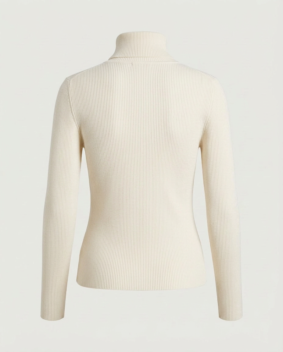 Back view of the ribbed turtleneck sweater in cream.
