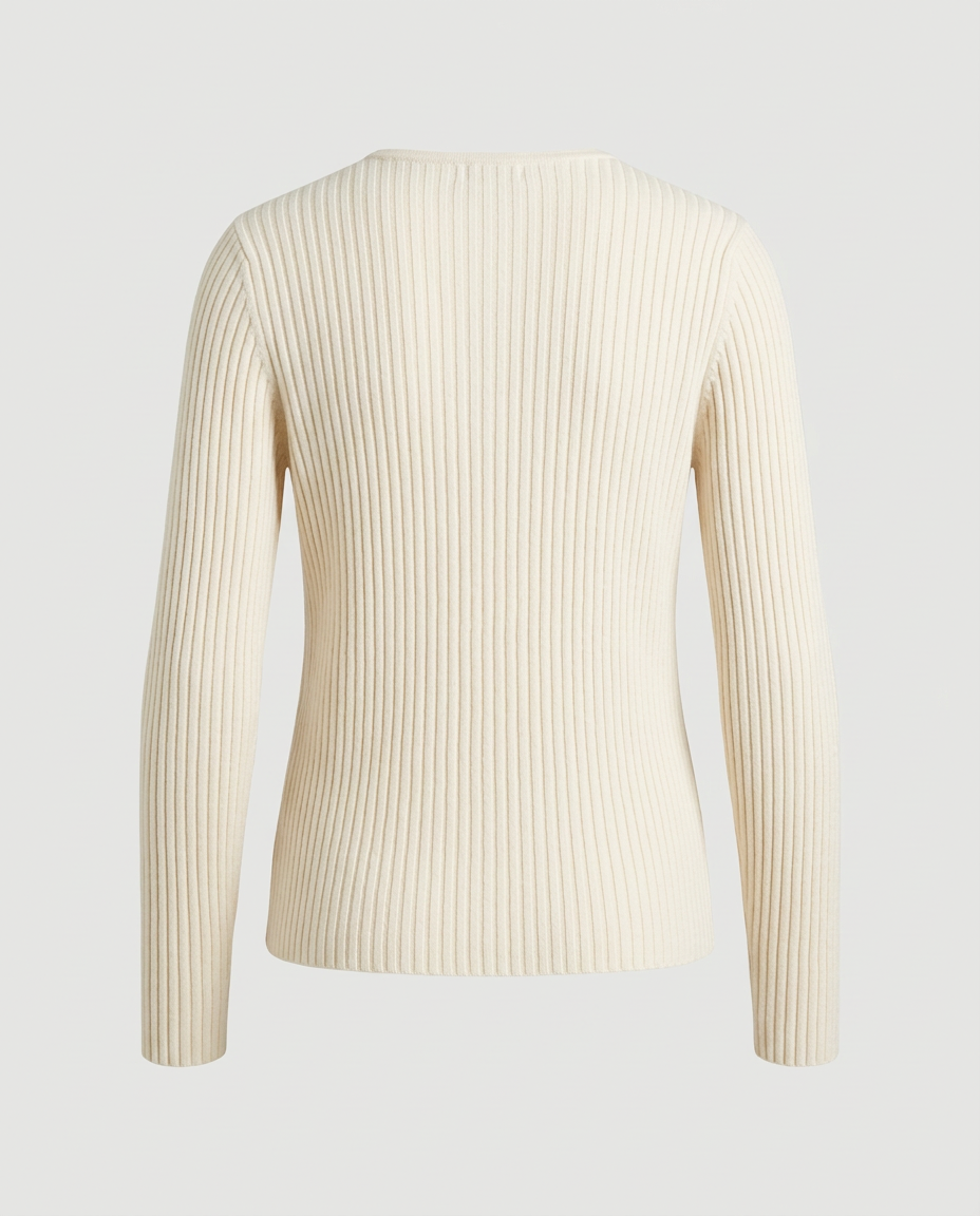 Folded ribbed V-neck sweater in cream, back view
