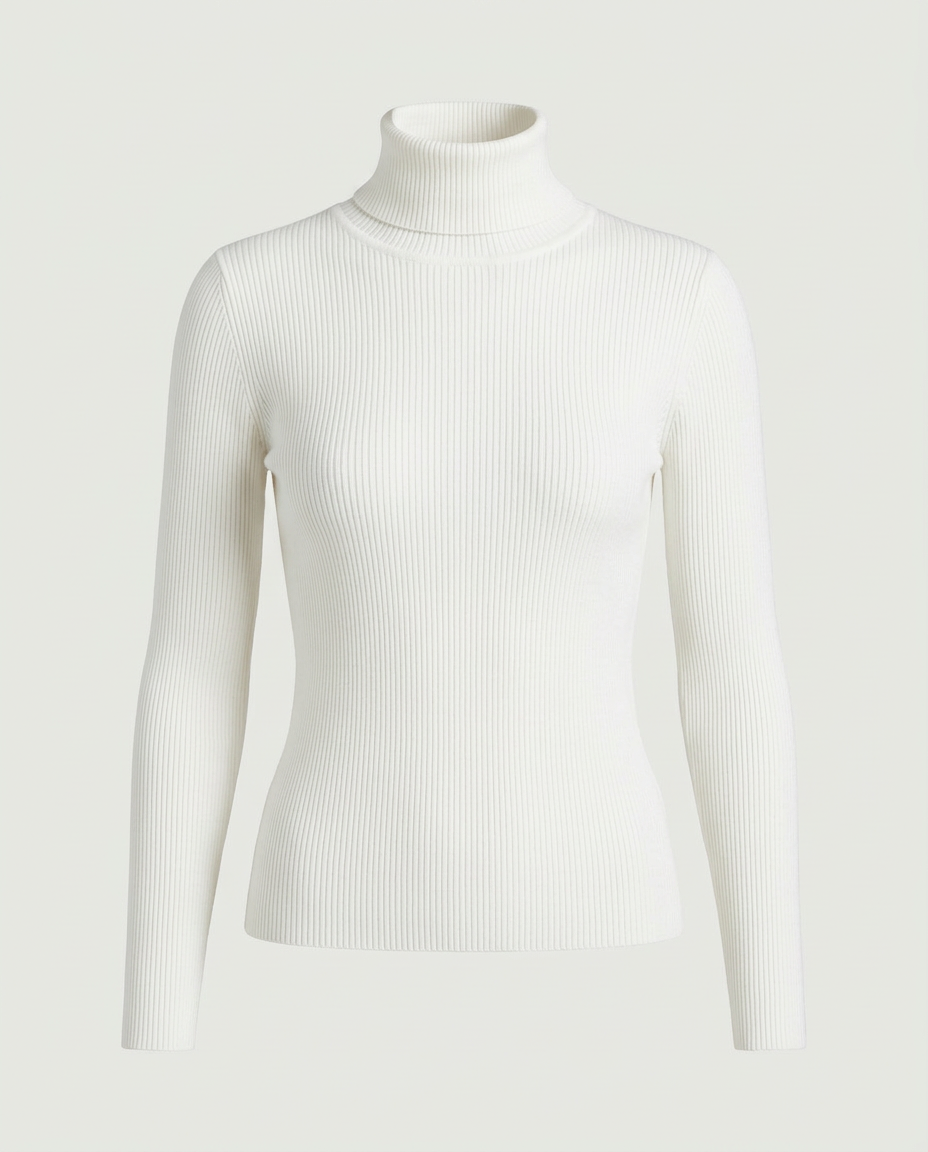 Front view of the ribbed turtleneck sweater in cream.