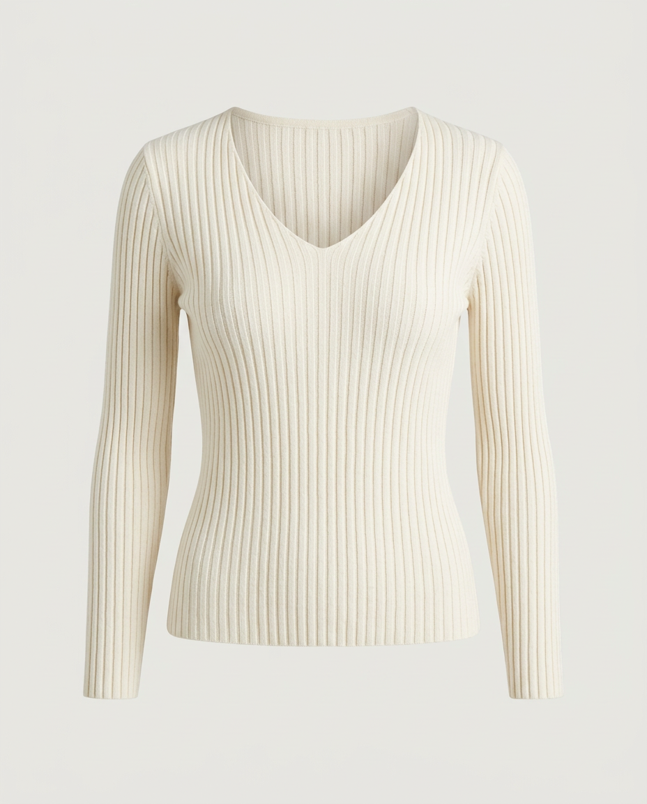 Folded ribbed V-neck sweater in cream, front view
