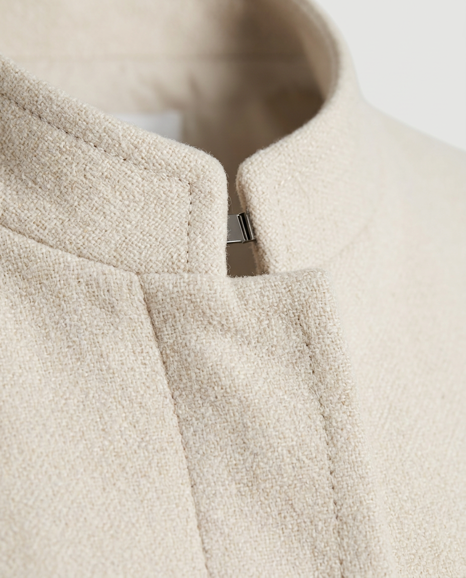 Collarless Coat in Cream, stand-up neckline and hidden front closure, detail view