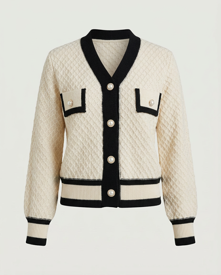 Front view of the textured knit cardigan in cream and black