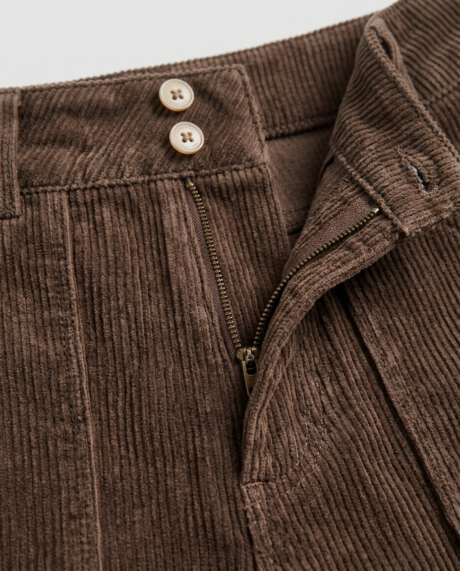 Corduroy Wide-Leg Trousers in brown, waistband with two buttons and zip fly, detail view