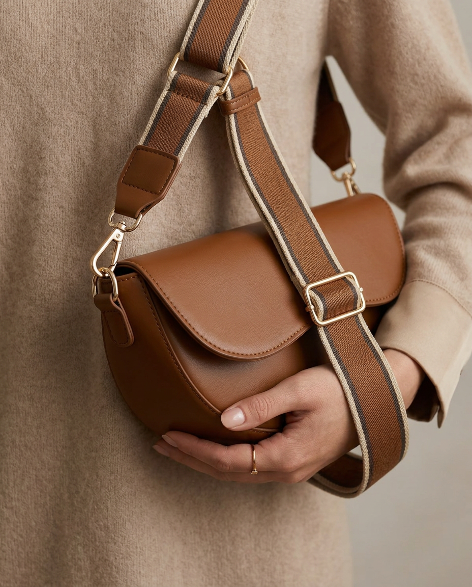Crescent Crossbody Bag, Camel, detail