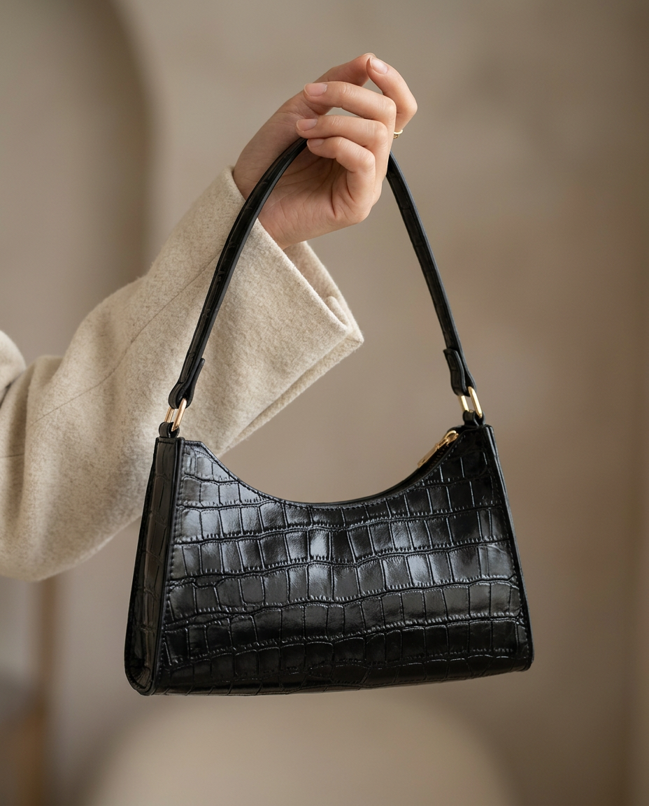 Croc-embossed baguette shoulder bag in black worn under the arm with a tailored blazer.