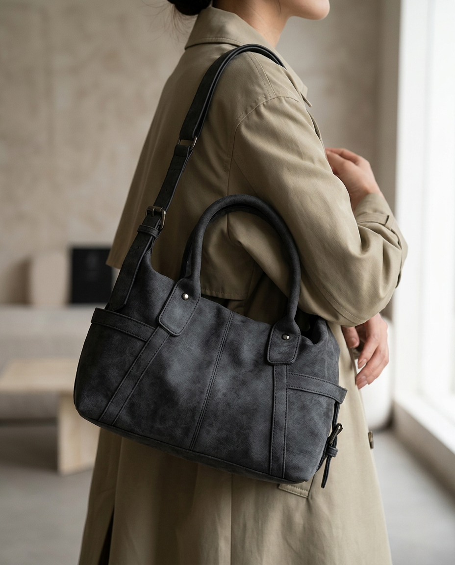 Faux Suede Slouch Tote, Washed Charcoal, photo