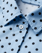 Polka Dot Bomber, light blue collar with black polka dots and white button, detail view