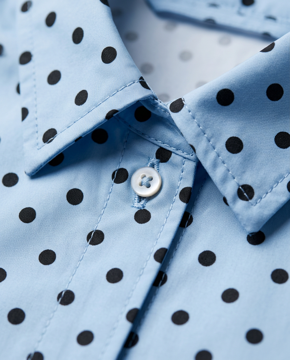 Polka Dot Bomber, light blue collar with black polka dots and white button, detail view