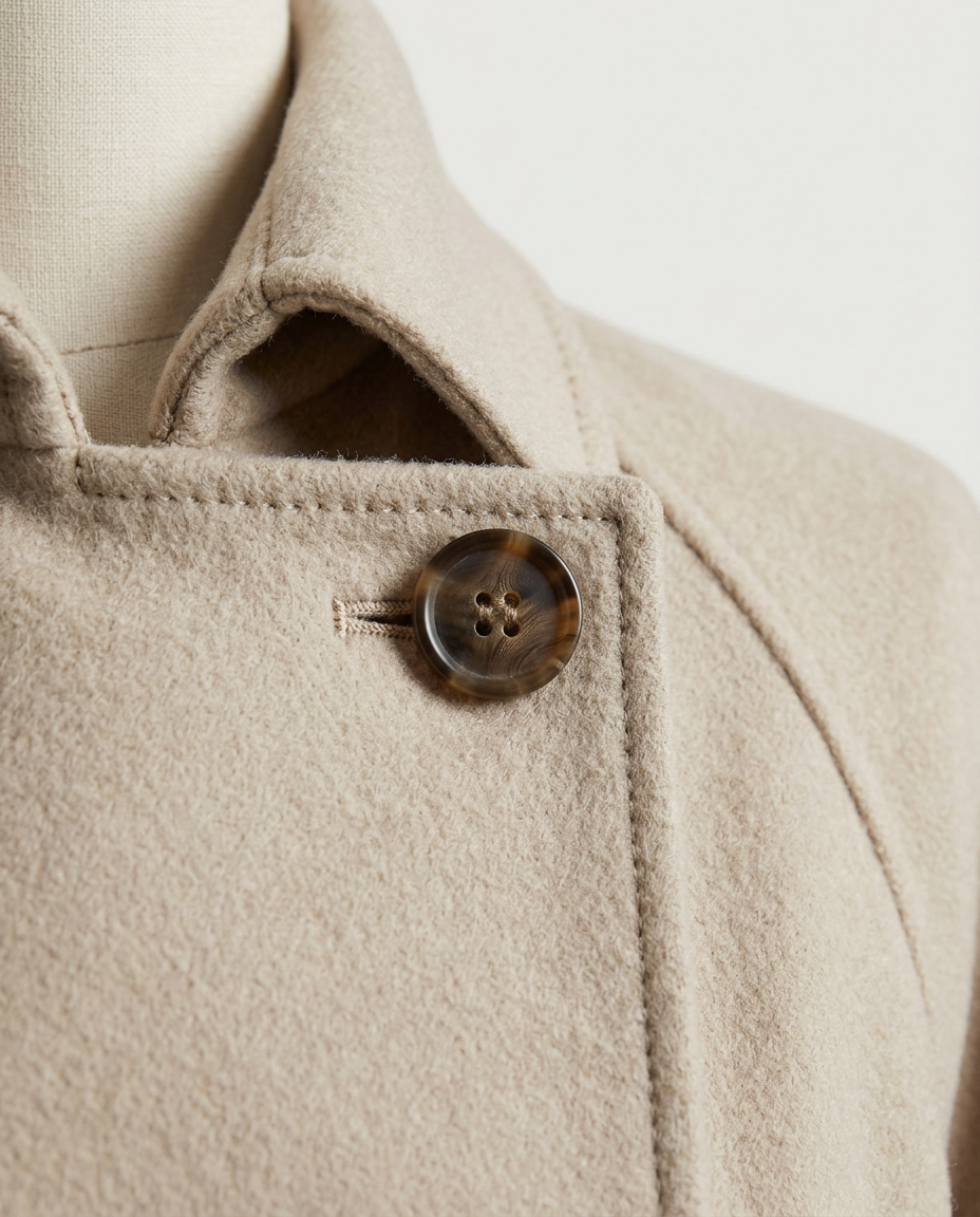 Long Double-Breasted Coat in Cream, notched lapel and button, detail view