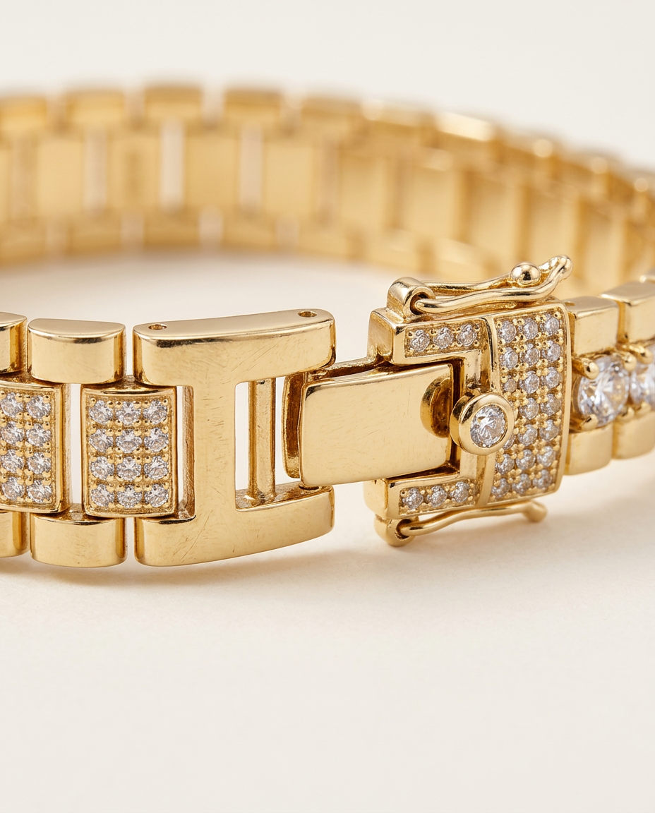 Detail of the polished metal settings and paved links in Gold.