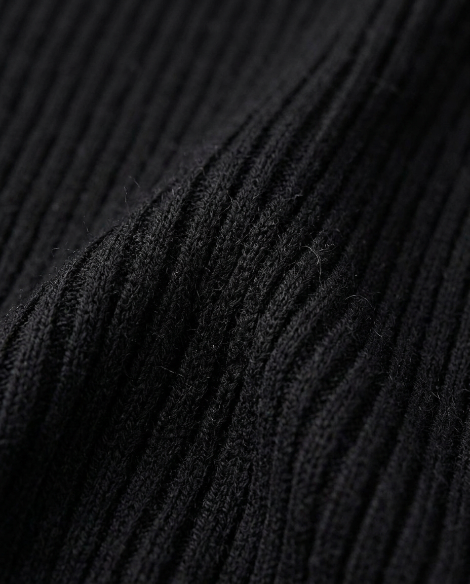 Essential Ribbed Mock Neck Sweater in Black, fine vertical rib knit close-up