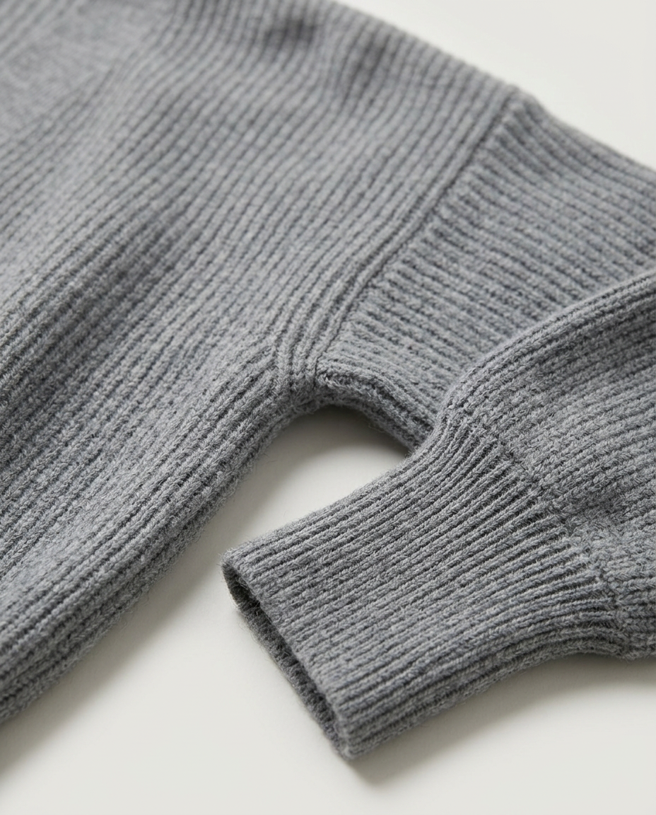 Essential Wrap Knit Top in Grey, ribbed cuff and gathered seam, detail view