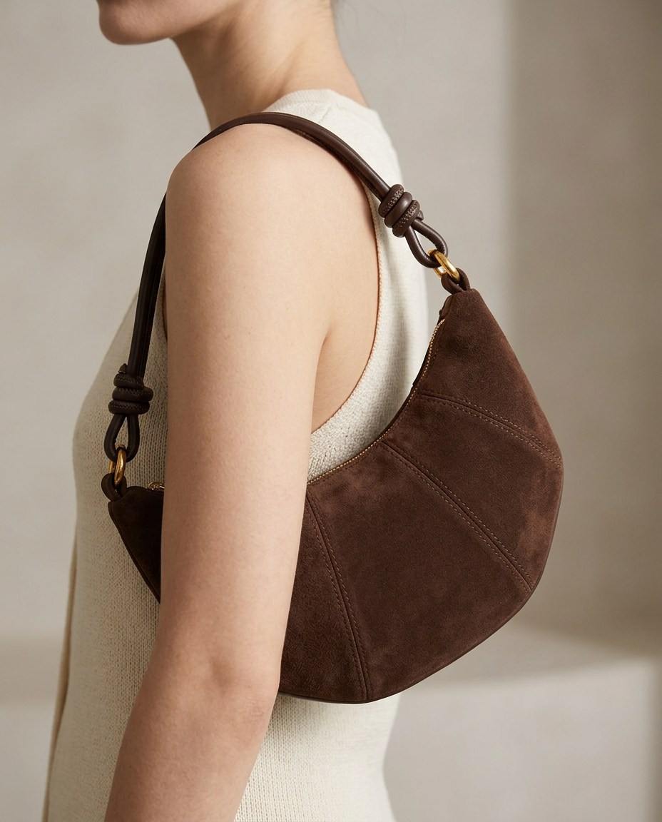 Close-up of the Chocolate bag held by hand, showing the vertical seams.