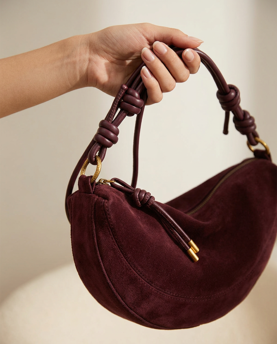 Close view of the knotted tubular handle on the shoulder bag in burgundy.