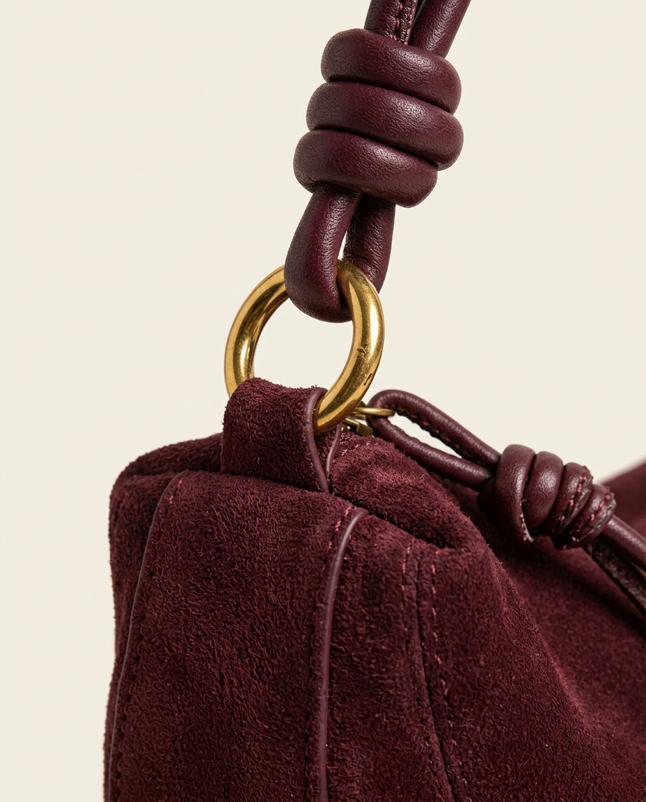Macro shot of the brushed nap texture and gold-tone hardware in burgundy.