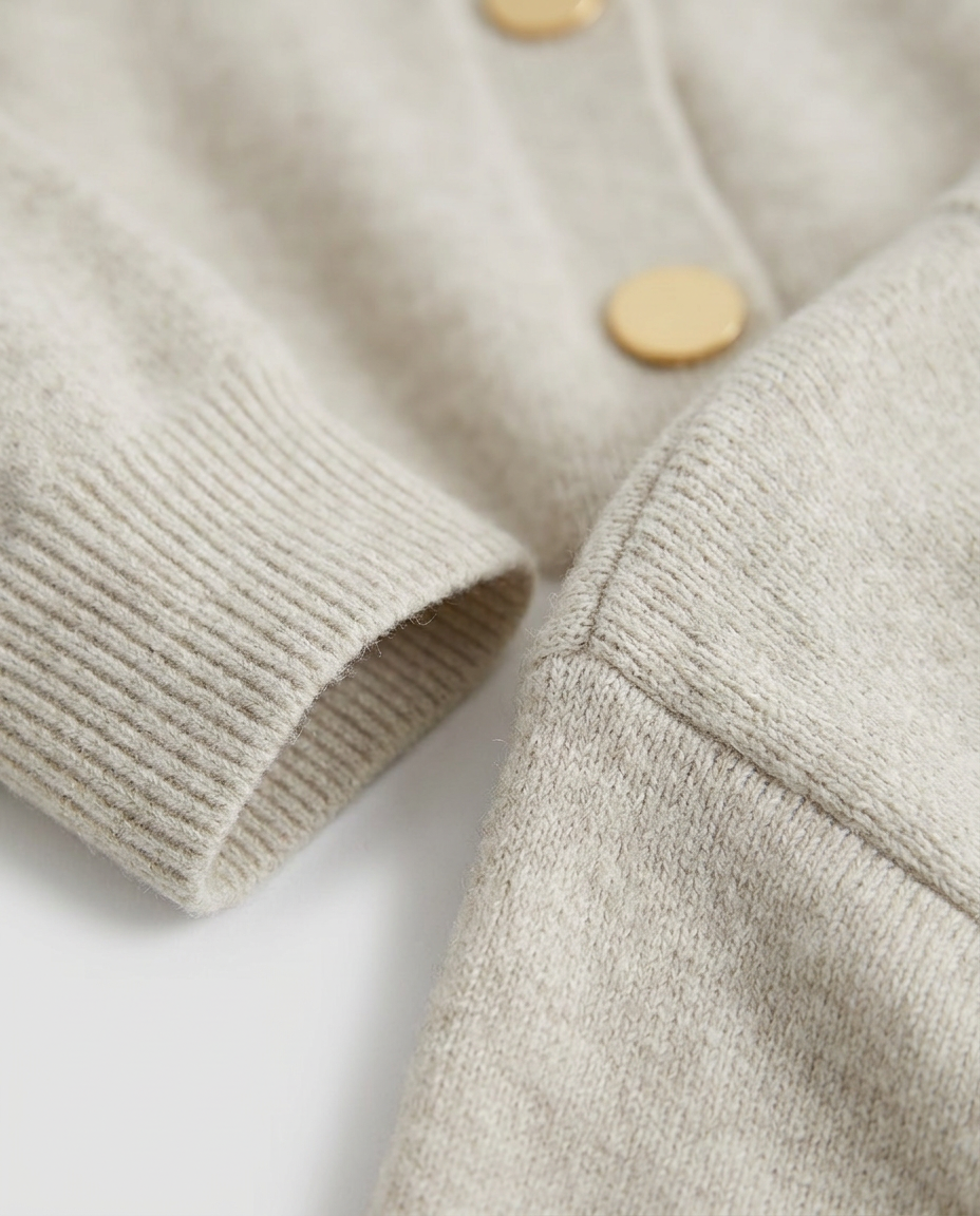 Fine Gauge Button Cardigan in Oatmeal, gold-tone buttons and ribbed cuff, detail view