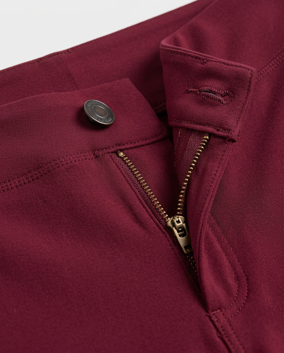 Flared Jersey Trousers in Burgundy, waistband with metal button and zip fly, detail view