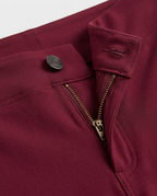 Flared Jersey Trousers in Burgundy, waistband with metal button and zip fly, detail view