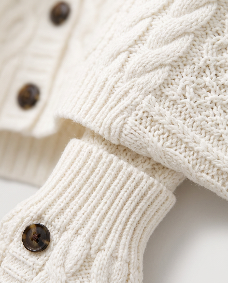 Cable Knit Cardigan in White, cable knit sleeve with ribbed cuff and buttons, detail view