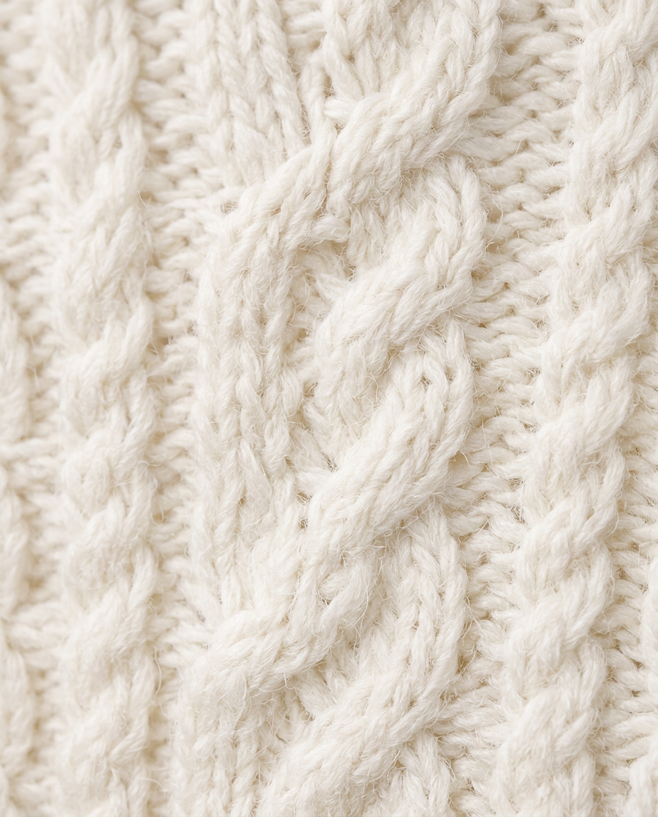 Cable Knit Cardigan in White, chunky cable knit stitch close-up