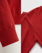 Fine Knit Cardigan in Red, ribbed cuff and shoulder button, detail view