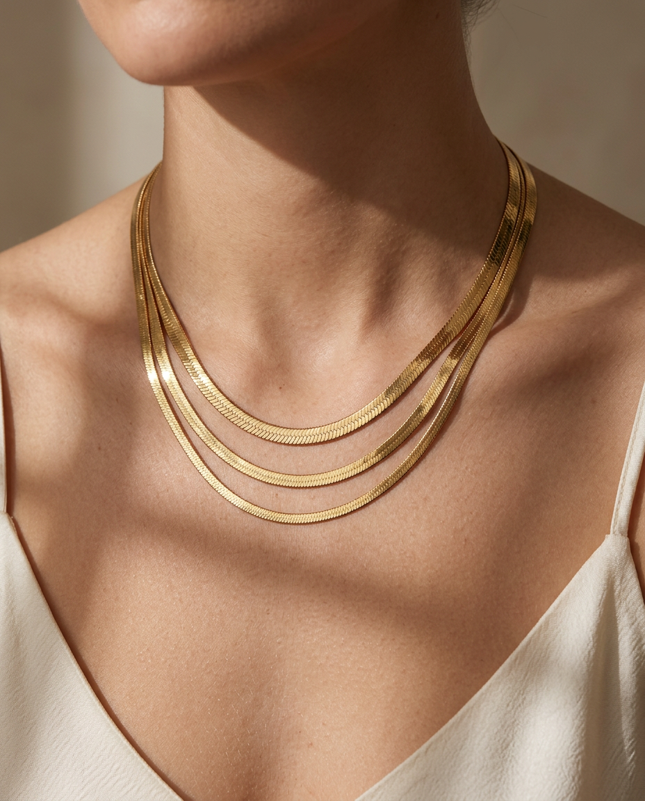 Detail of the three flat chains layered on the neck in Gold.