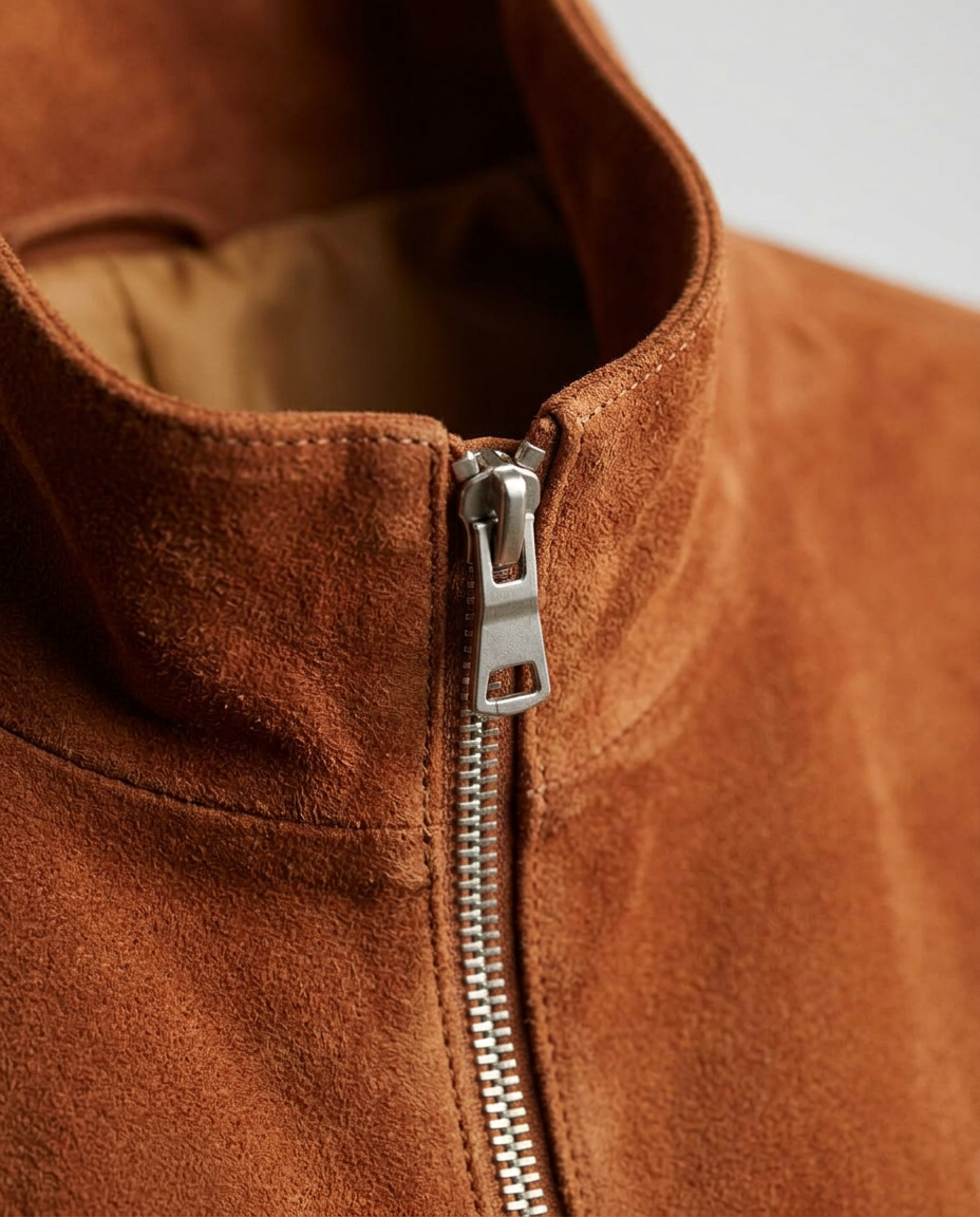 Zip Moto Jacket in Brown, stand collar and metal zip, detail view