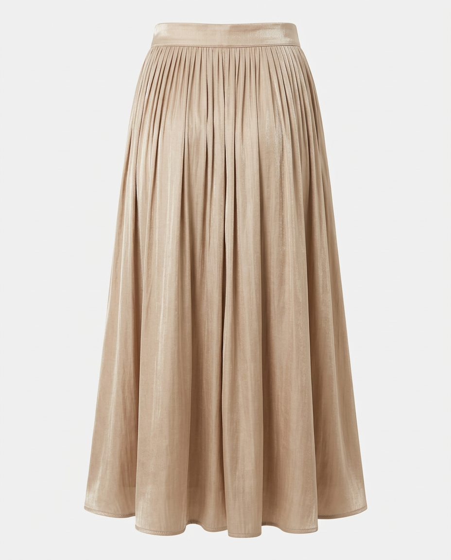Back view of the pleated midi skirt in taupe.