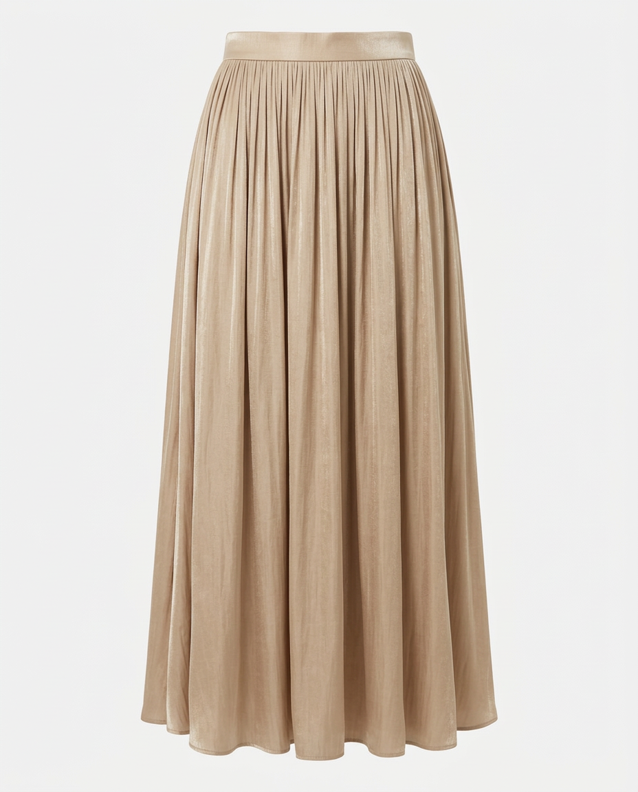 Front view of the pleated midi skirt in taupe.