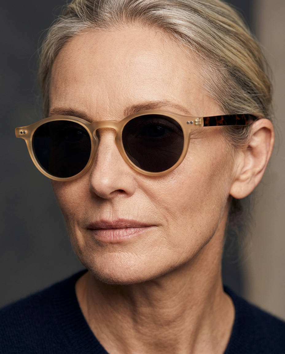 Angled view of matte round sunglasses in camel and chocolate showing the keyhole bridge.