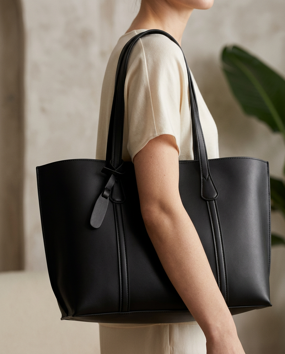 Black faux leather tote bag held at the shoulder