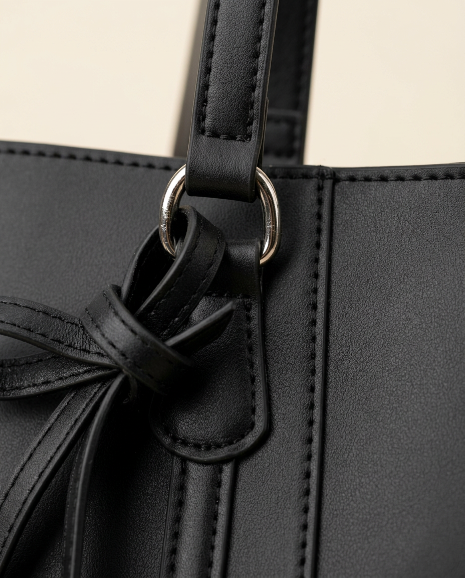 Close-up of the smooth black finish and vertical seamed strap construction
