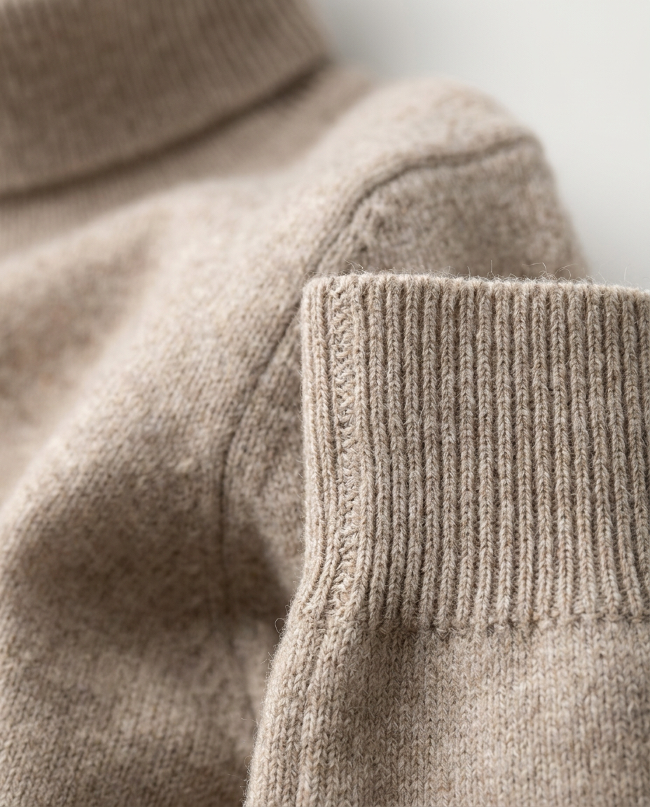 Mock Neck Knit in Oatmeal, rolled neck and ribbed cuff, detail view