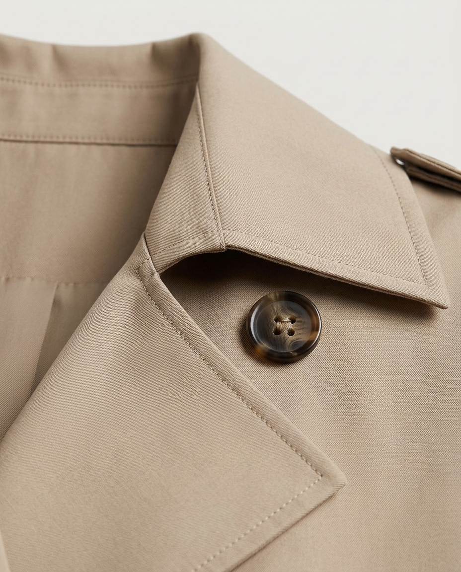 Oversized Trench Coat in Taupe, point collar, storm flap and button, detail view