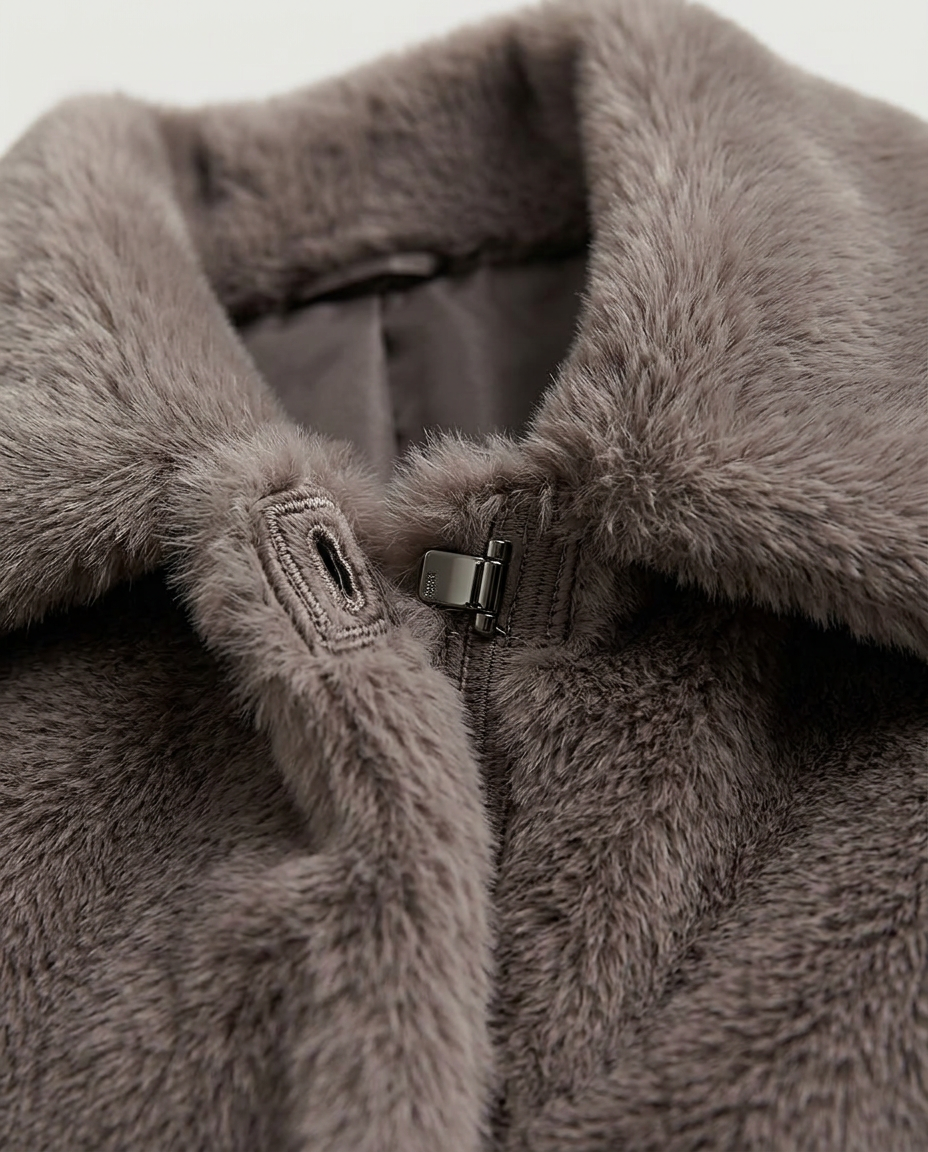 Plush Faux Fur Jacket, Chocolate, detail