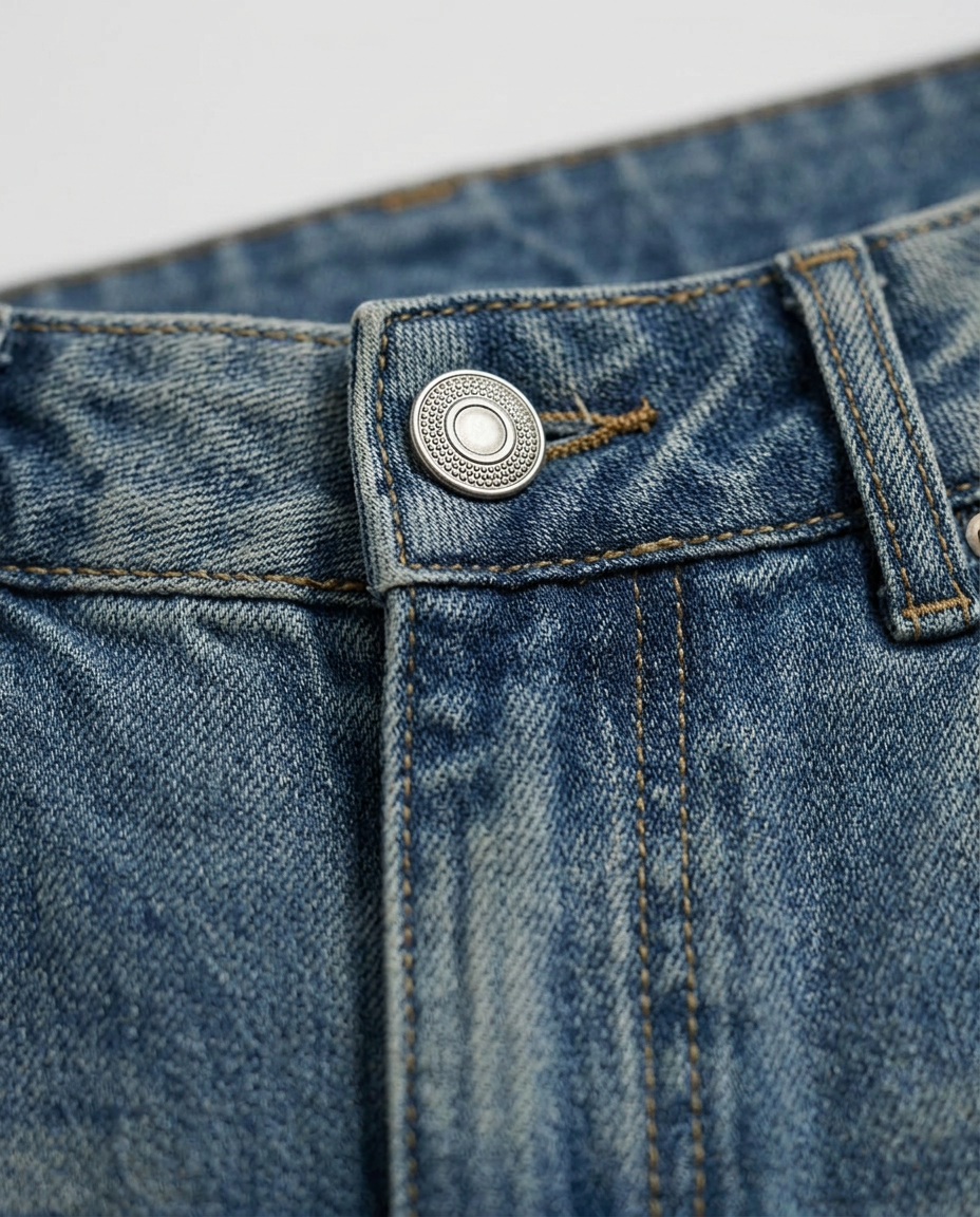 Crystal Wide-Leg Jeans in Blue, mid wash waistband with engraved metal button, detail view
