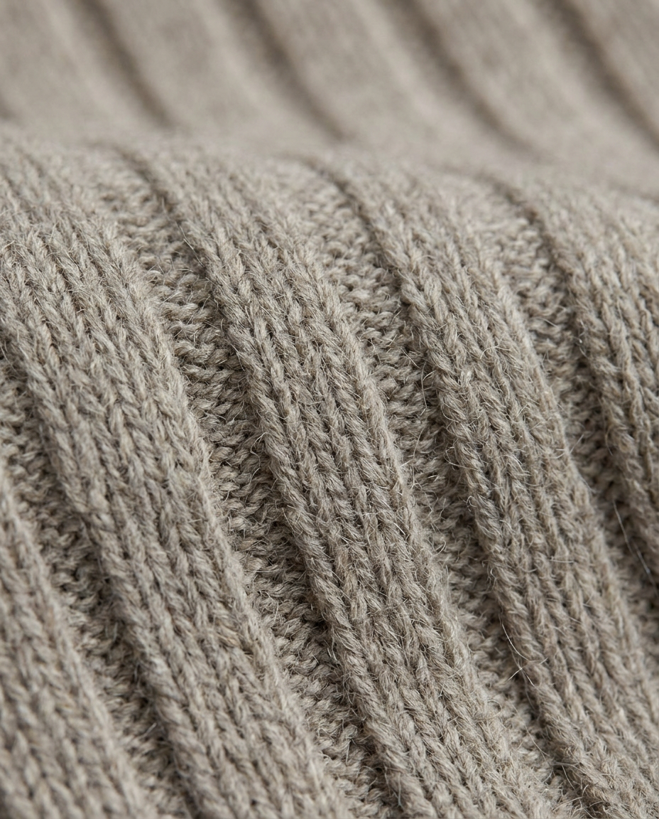 Ribbed Knit Flared Midi Dress in Oatmeal, wide vertical rib knit close-up