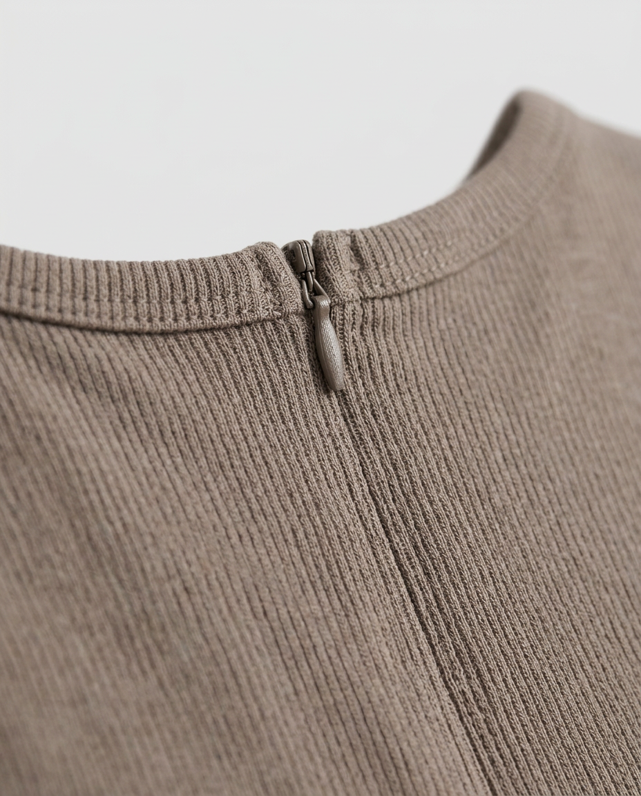 Ribbed Tank Maxi Dress in Mocha, round neckline and back zip with ribbed trim, detail view