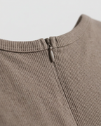 Ribbed Tank Maxi Dress in Mocha, round neckline and back zip with ribbed trim, detail view