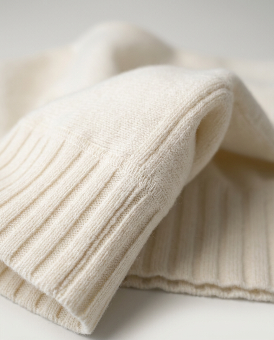 Ribbed Turtleneck Knit in Cream, folded ribbed cuff, detail view