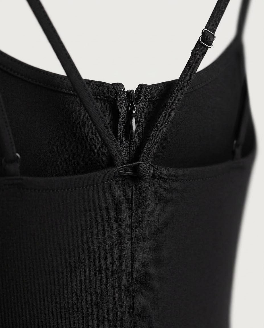 Slip Maxi Dress in Black, crossed thin straps and back fastening, detail view