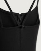 Slip Maxi Dress in Black, crossed thin straps and back fastening, detail view