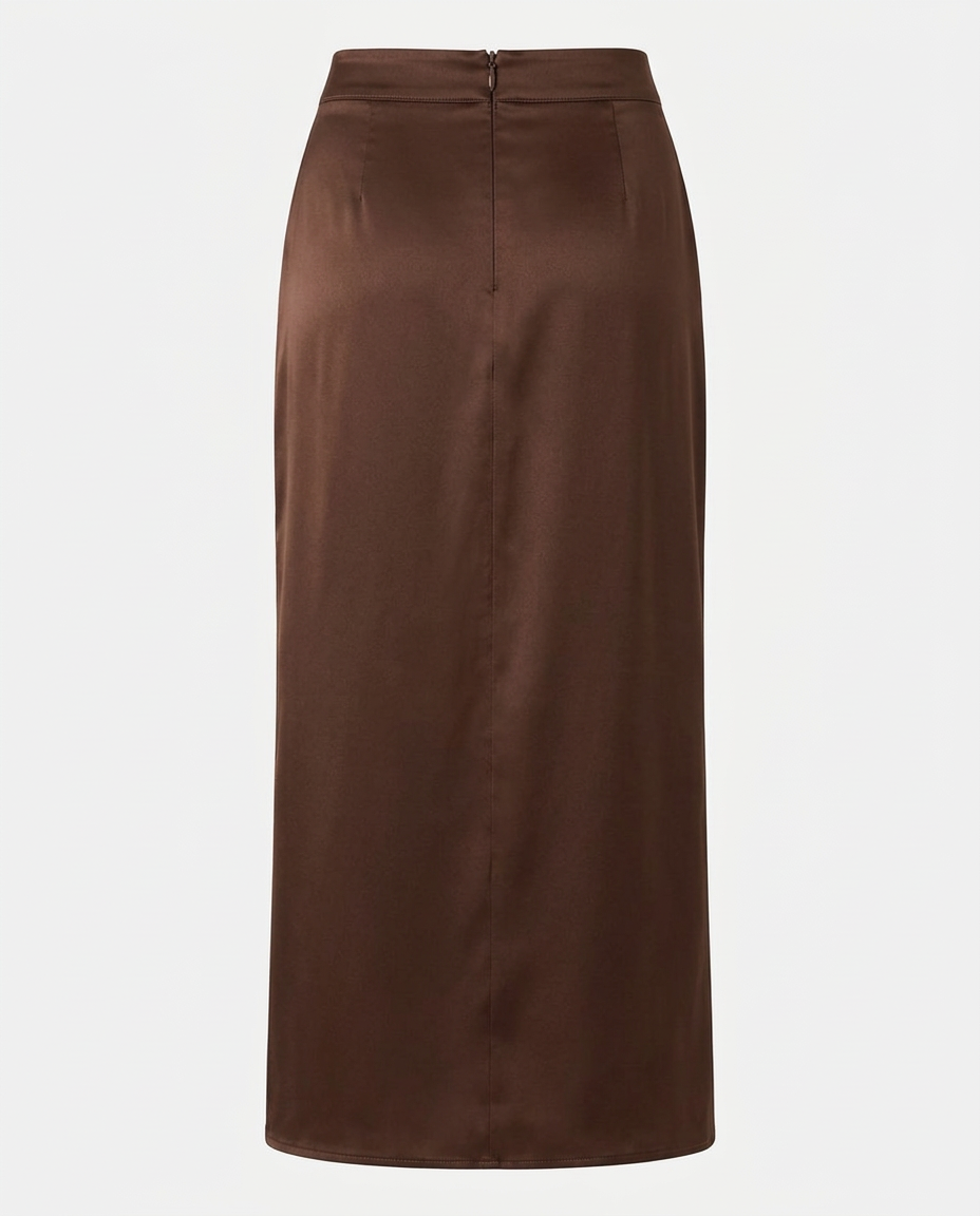 Rear view of satin bias cut maxi skirt in chocolate.