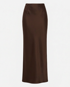 Front view of satin bias cut maxi skirt in chocolate.