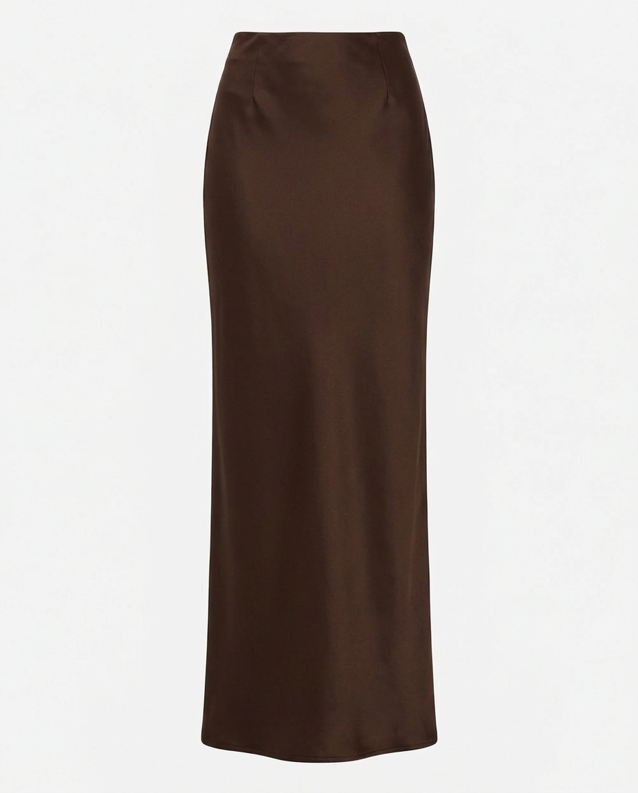 Front view of satin bias cut maxi skirt in chocolate.